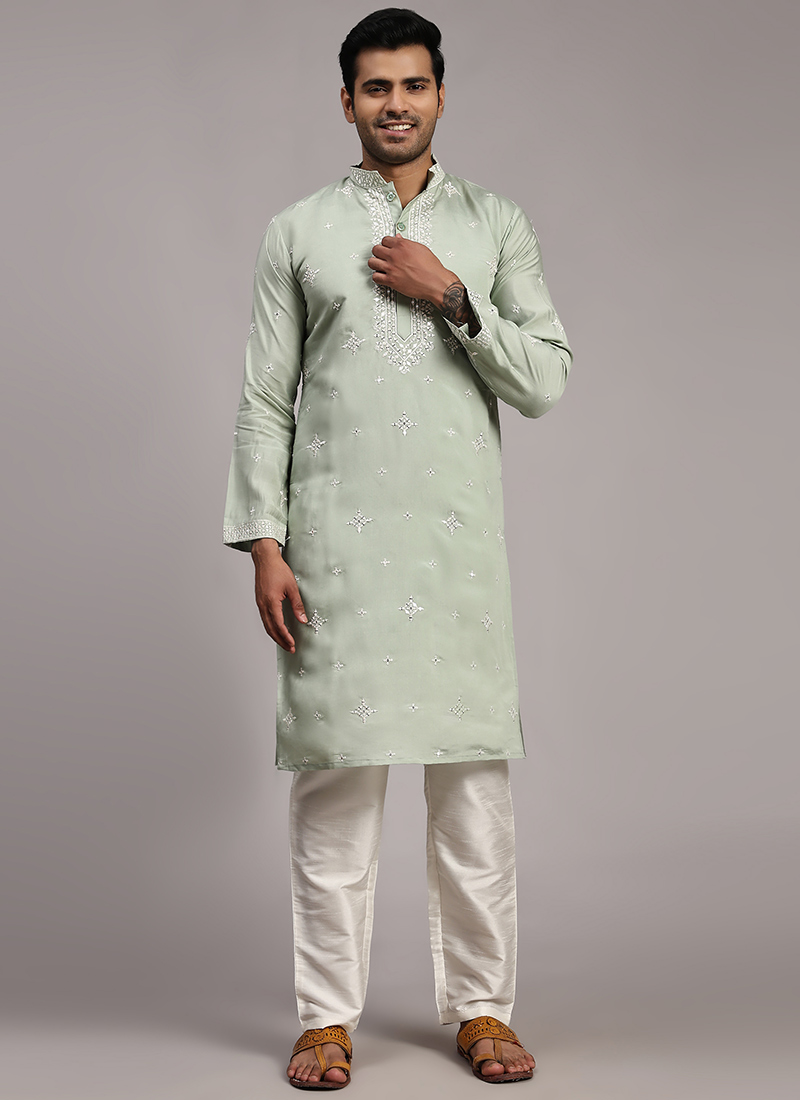 Light Green Silk Embroidered Kurta