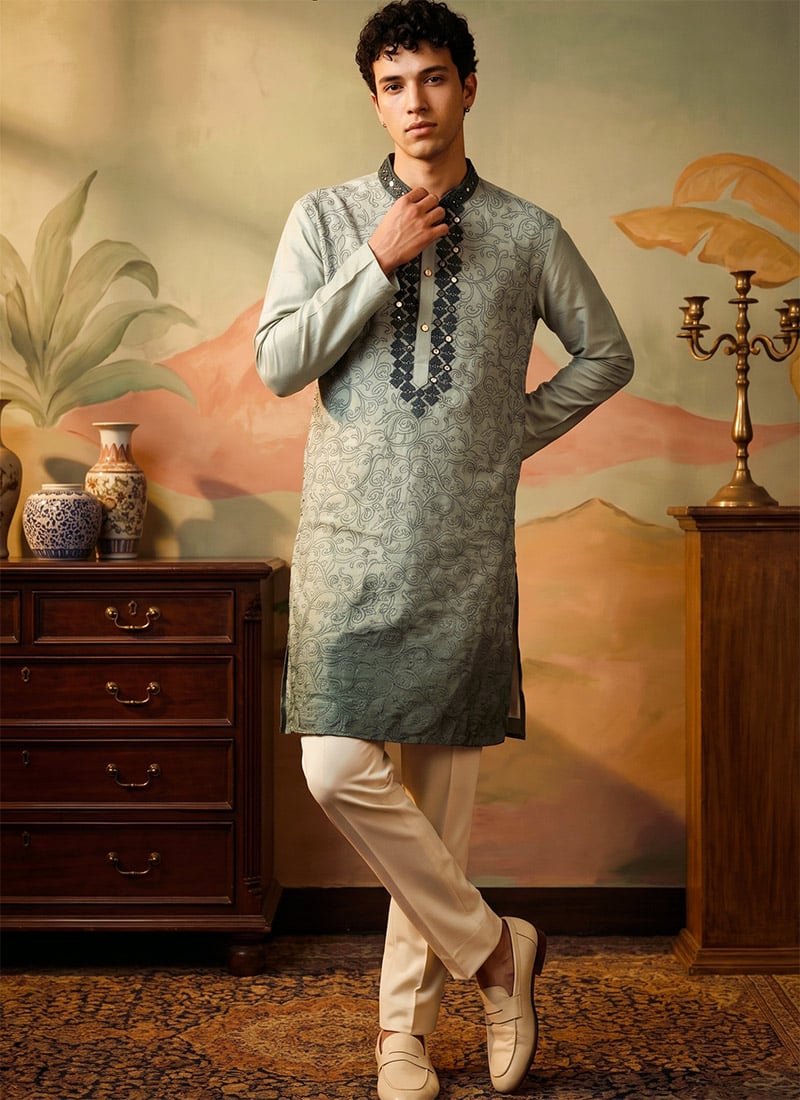 Light Green Silk Embroidered Kurta Pyjama For Men Festive Wear