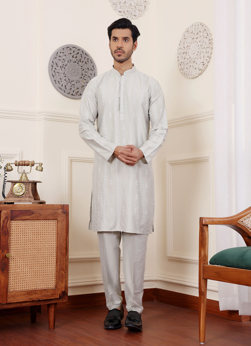Light Green Silk Embroidered Kurta Pyjama