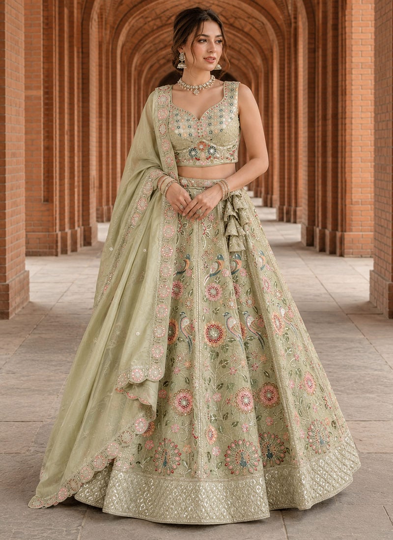Light Green Silk Embroidered Lehenga After Six Wear