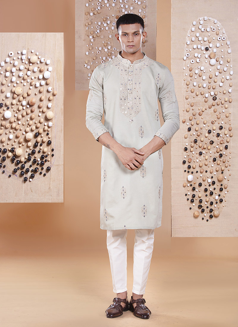 Light Green Silk Embroidered Mirror Work Kurta Pyjama