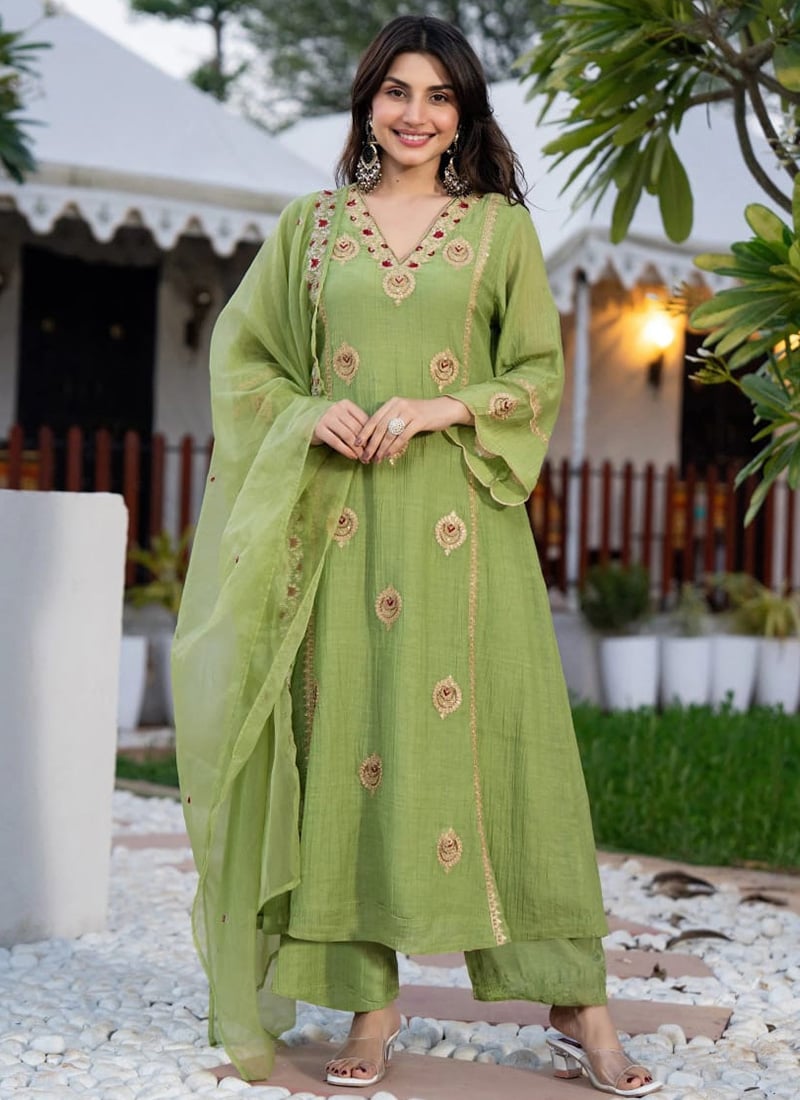 Light Green Silk Embroidered Palazzo Suit After Six Wear