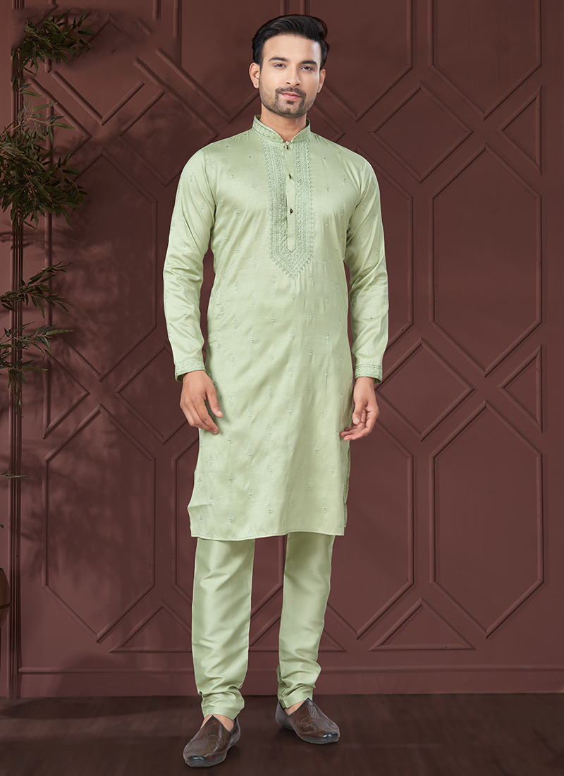 Light Green Silk Embroidered Sequin Mens Kurta Pyjama Set Festive Wear