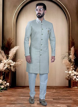 Light Green Silk Embroidered Sequins Indowestern Sherwani  For Men