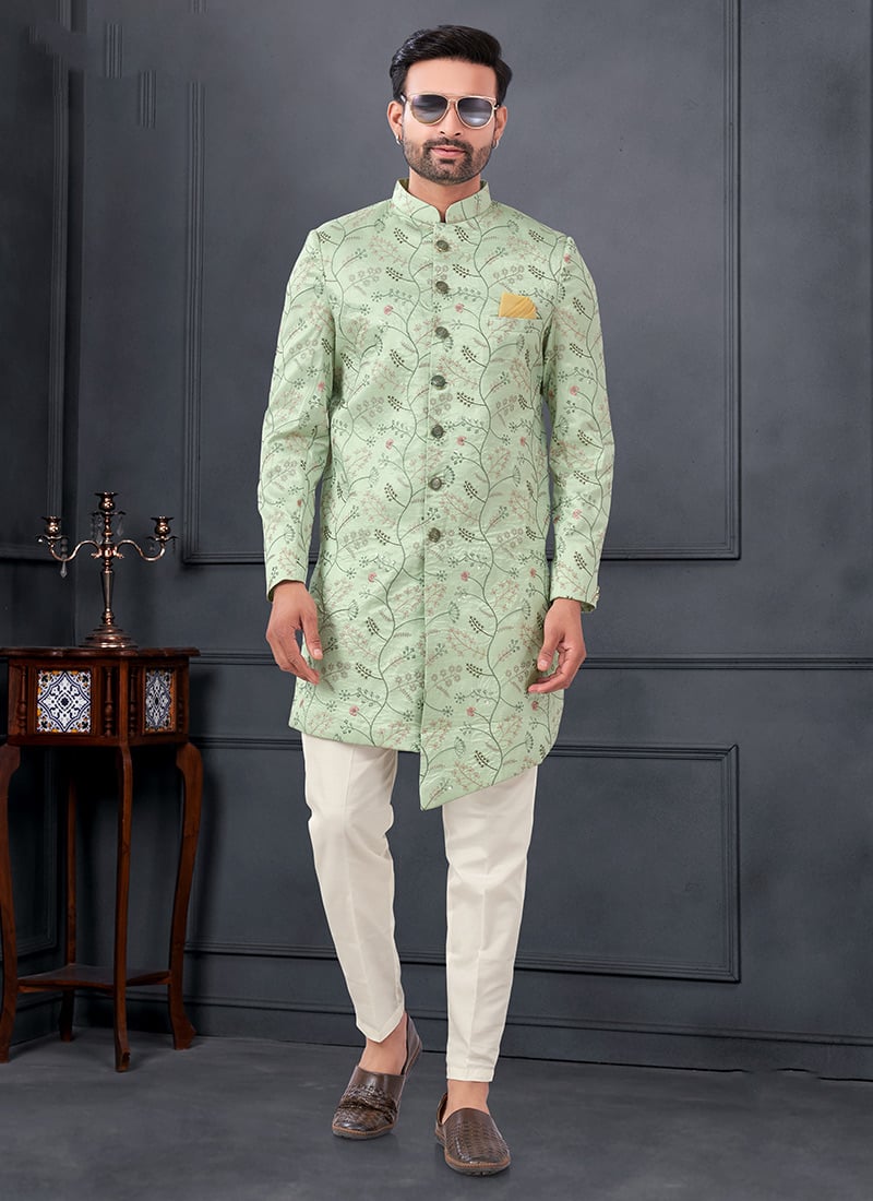 Light Green Silk Embroidered Sequins Indowestern Sherwani  Wedding Wear