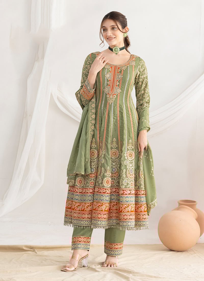 Light Green Silk Embroidered Sequins Mirror Work A Line Anarkali Suit