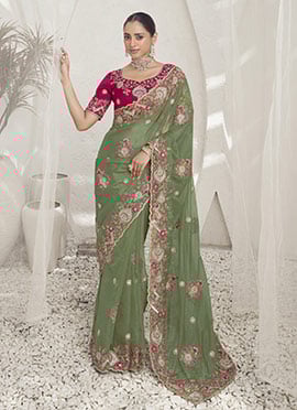 Light Green Silk Embroidered Sequins Saree