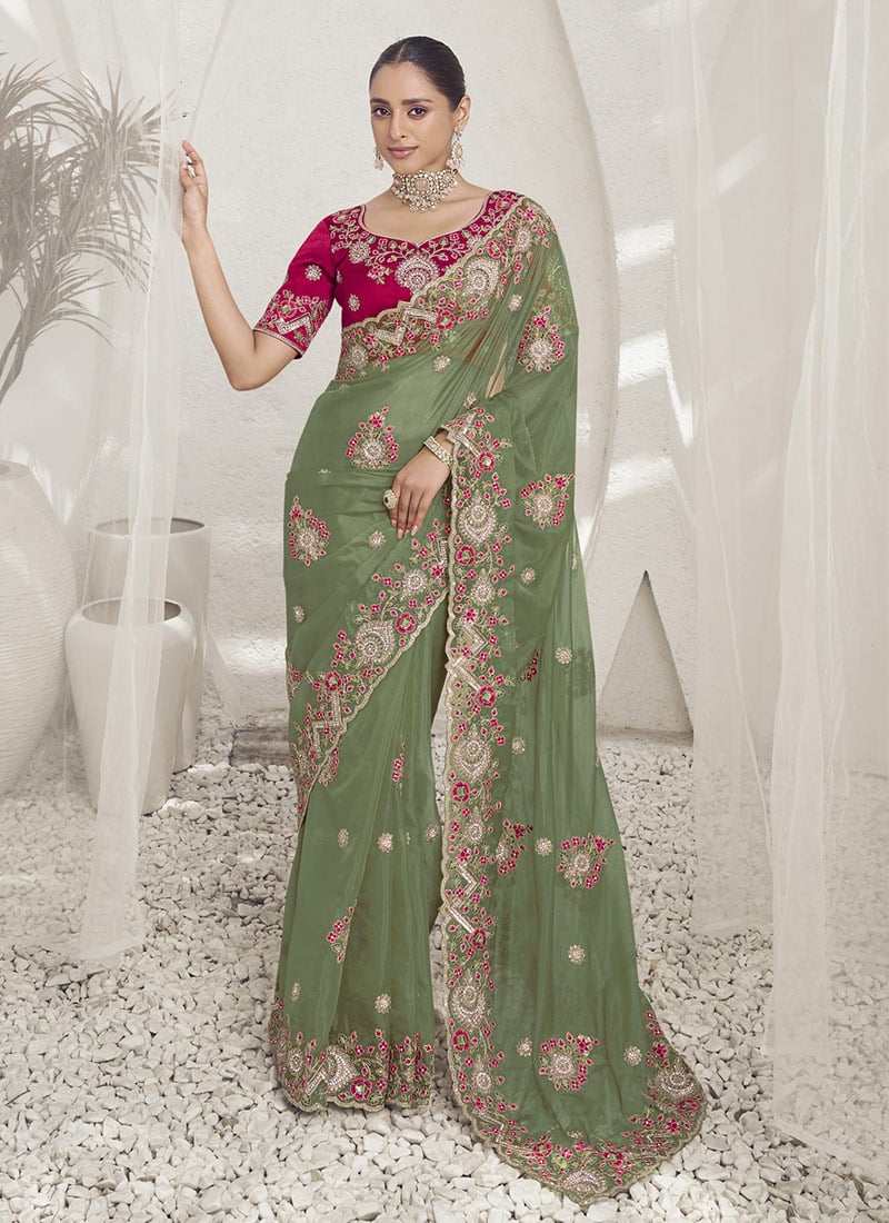 Light Green Silk Embroidered Sequins Saree Wedding Wear