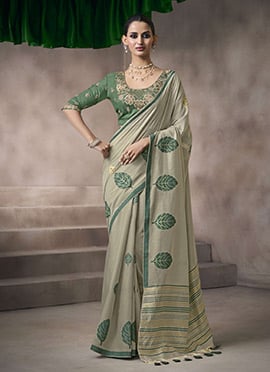 Light Green Silk Printed Embroidered Saree
