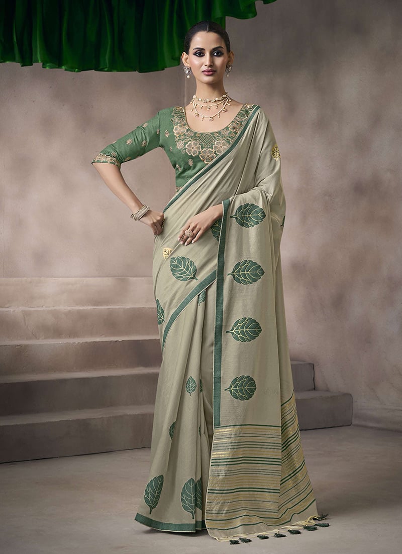 Light Green Silk Printed Embroidered Saree Festive Wear