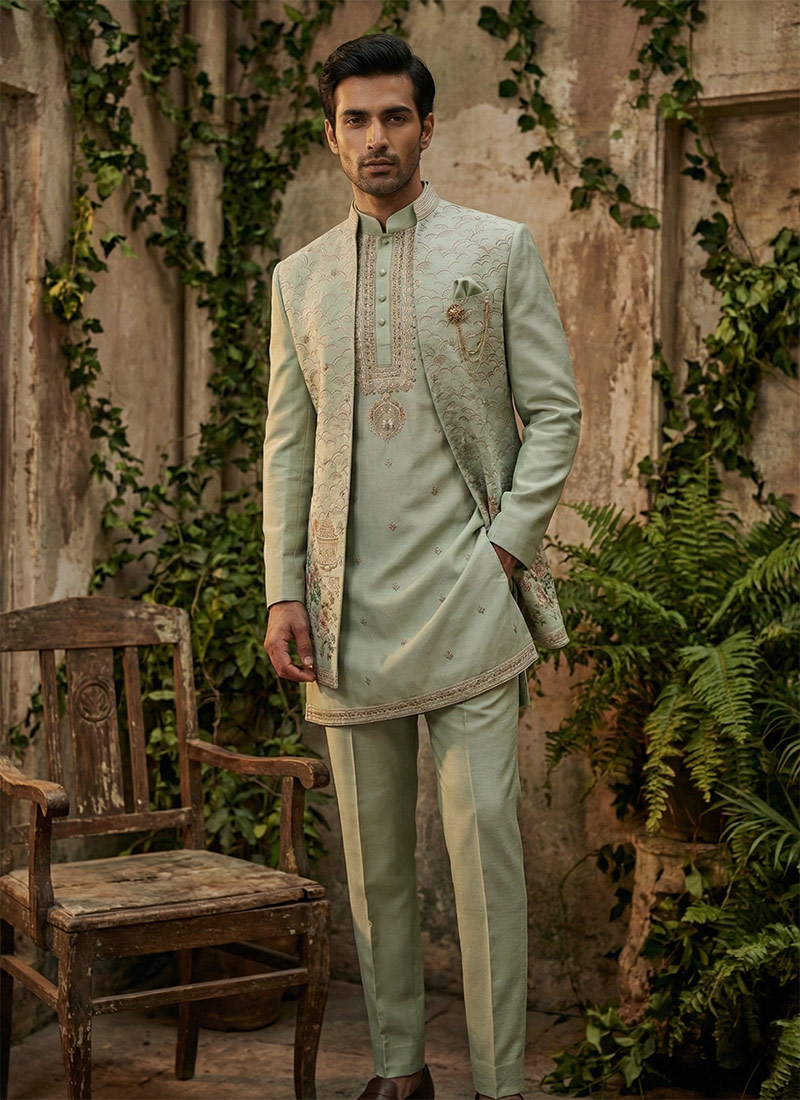 Light Green Silk Sequins Embroidered Indowestern Sherwani Set Wedding Wear