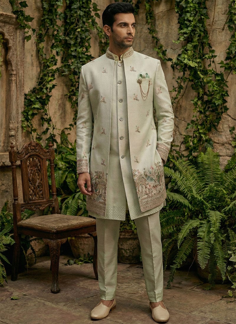 Light Green Silk Sequins Embroidered Indowestern Sherwani Set Wedding Wear