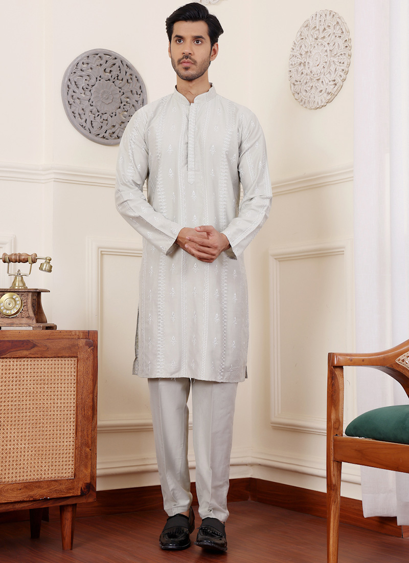 Light Green Silk Thread Embroidered Kurta Pyjama Festive Wear