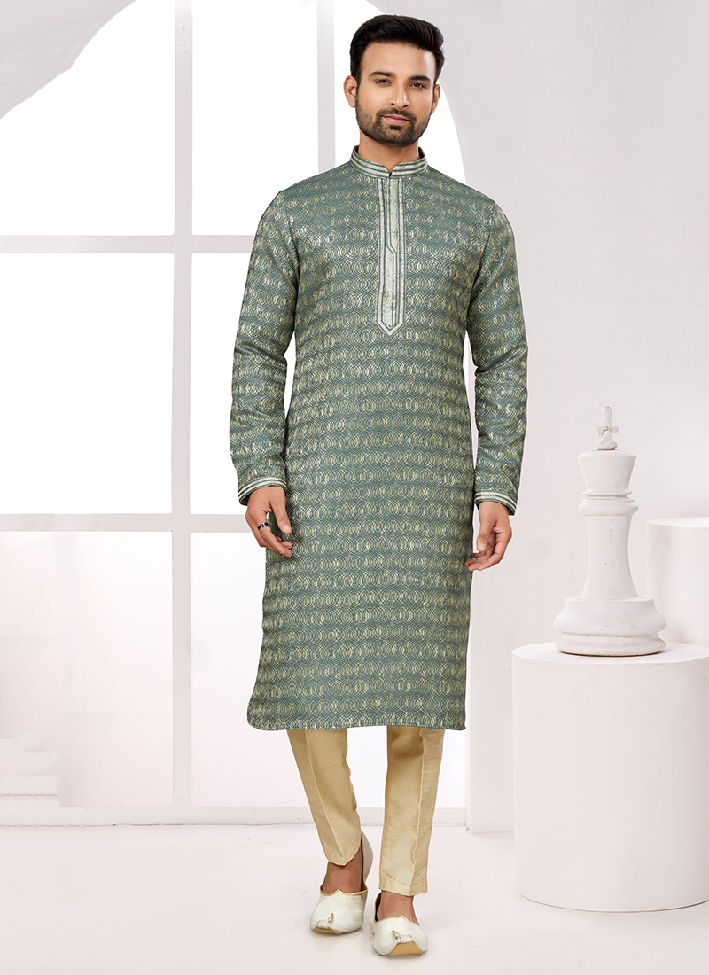 Light Green Silk Zari Woven Jacquard Kurta Pyjama Festive Wear