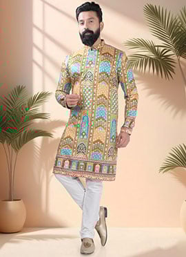 Light Green Soft Cotton Embroidered Sequins And Printed Kurta Pyjama