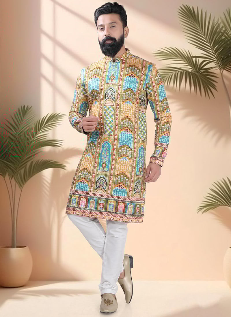 Light Green Soft Cotton Embroidered Sequins And Printed Kurta Pyjama Festive Wear