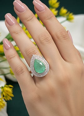 Light Green Stone And Kundan Work Hand Ring For Women