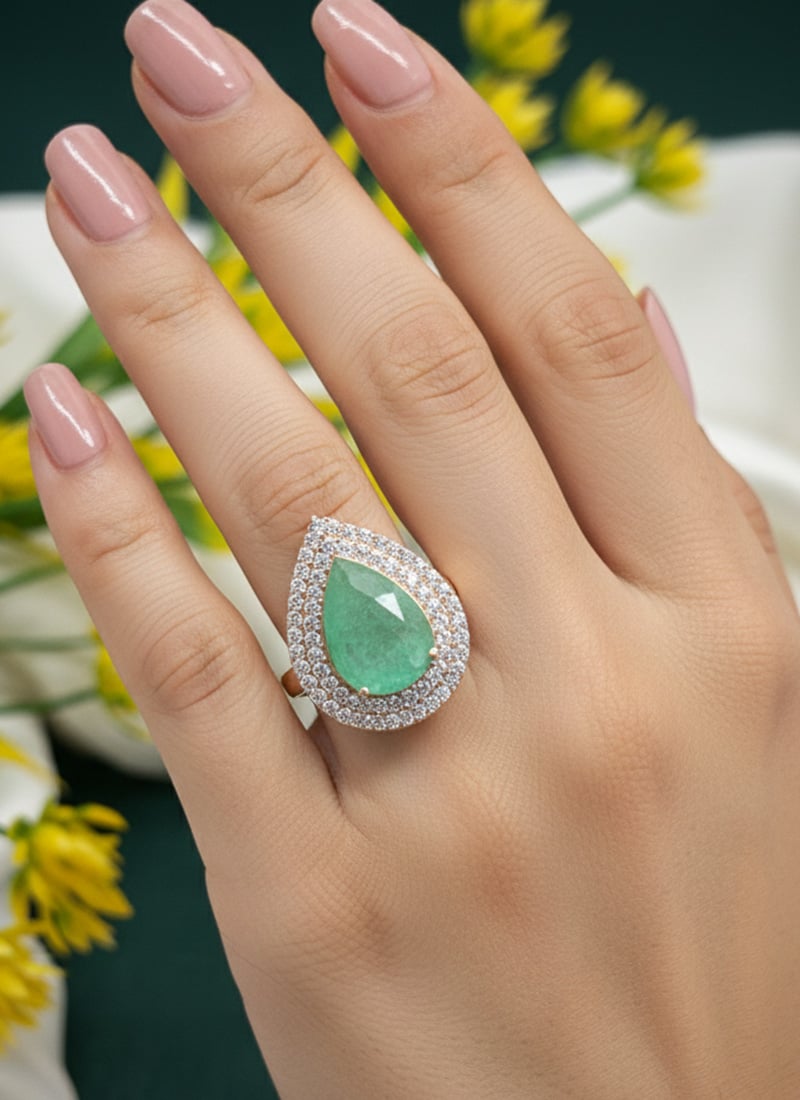 Light Green Stone And Kundan Work Hand Ring For Women Festive Wear