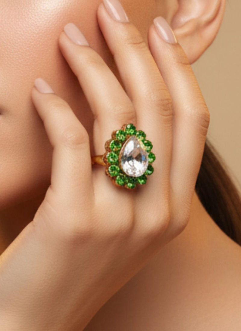 Light Green Stones Kundan Ring Festive Wear