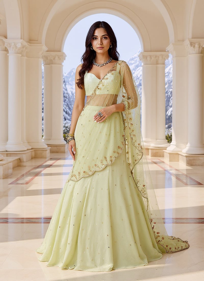 Light Green Tissue Silk Sequins Hand Embroidered Lehenga  Wedding Wear
