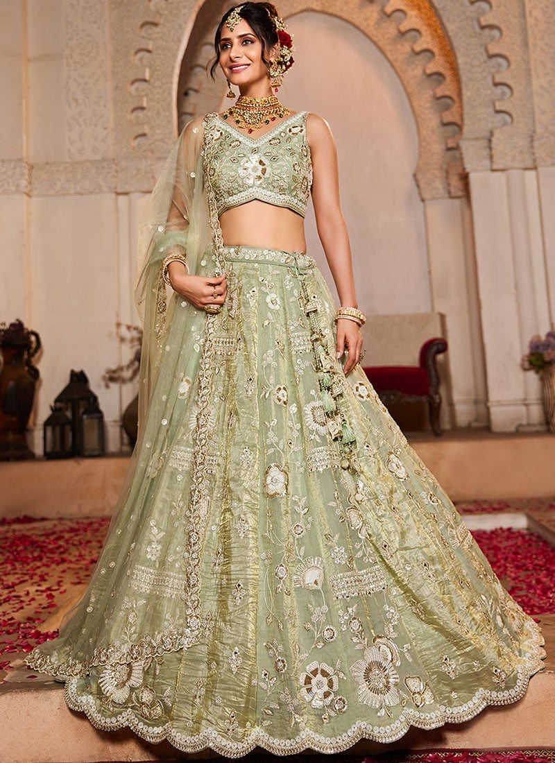Light Green Tissue Zarkan Embroidered Sequins With Stone Work Lehenga