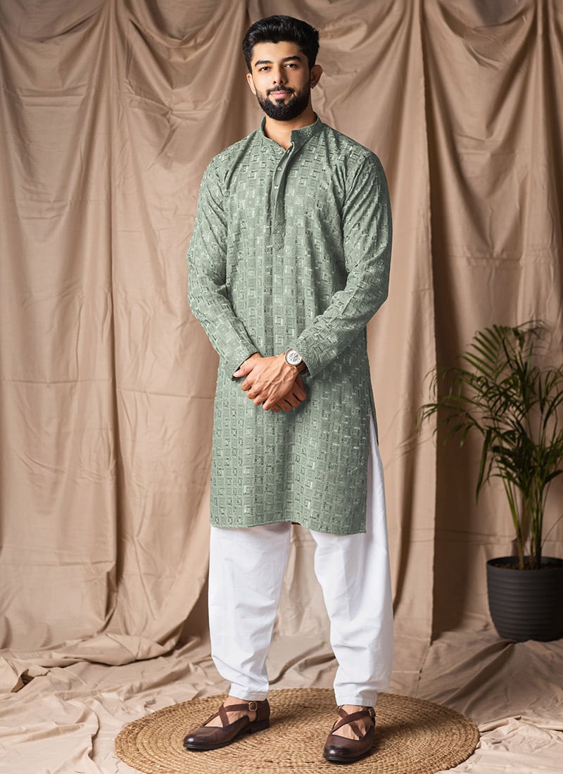 Light Green Viscose Rayon Embroidered Kurta Pyjama Festive Wear
