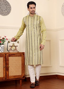 Light Green Viscose Silk Embroidered Sequin Kurta For Men