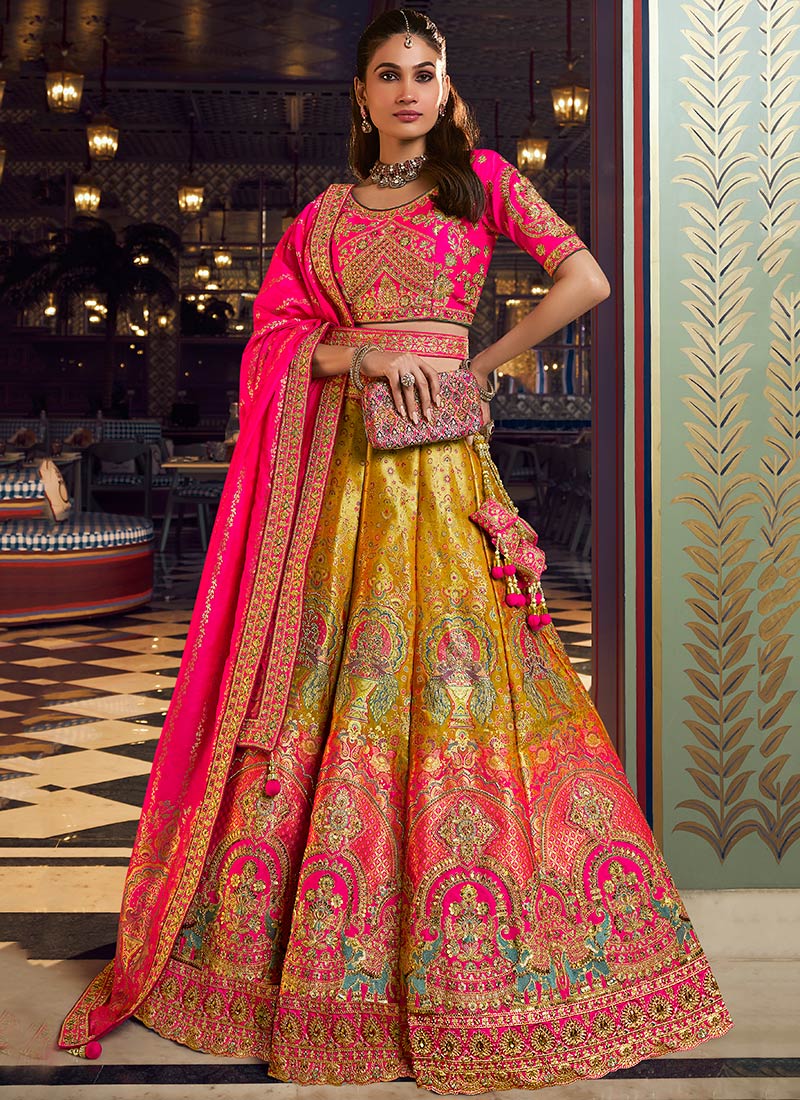 Light Green Zari Embroidered Sequins Embroidered Banarasi Lehenga Wedding Wear