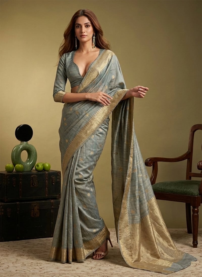 Light Grey  Linene Zari Woven Saree Festive Wear