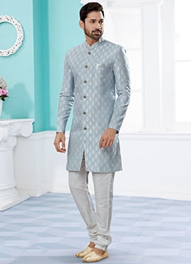 Light Grey Benarasi Jacquard Embroidered Classic Sherwani