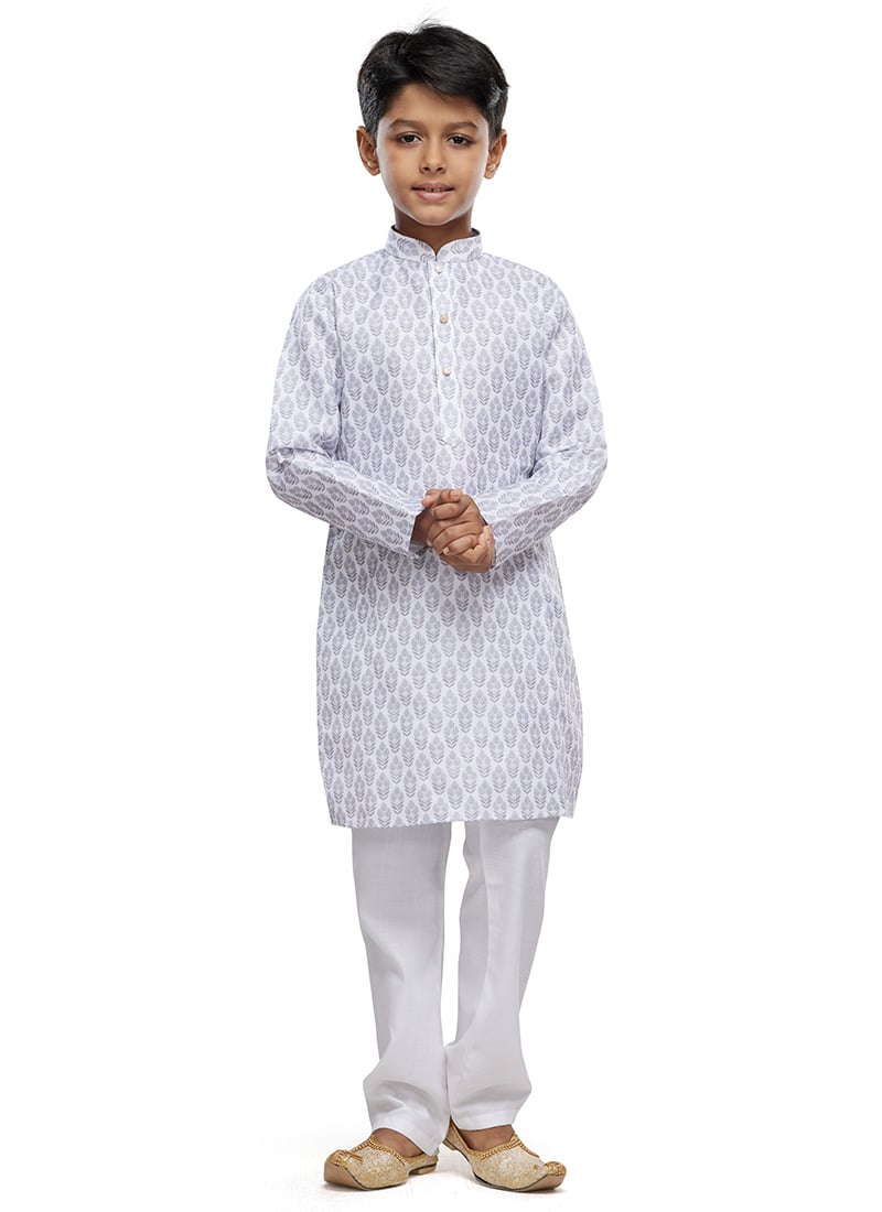 Light Grey Cotton Digital Print Classic Kids Kurta Pyjama For Young Boys