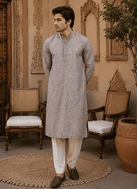 Light Grey Cotton Embroidered Kurta For Men