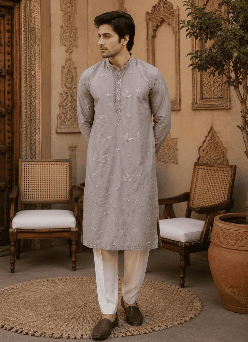 Light Grey Cotton Embroidered Kurta For Men