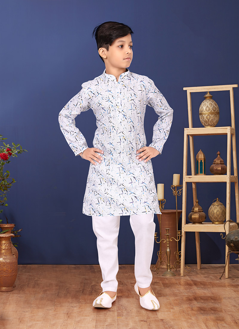 Light Grey Cotton Printed Boys Kurta Pyjama