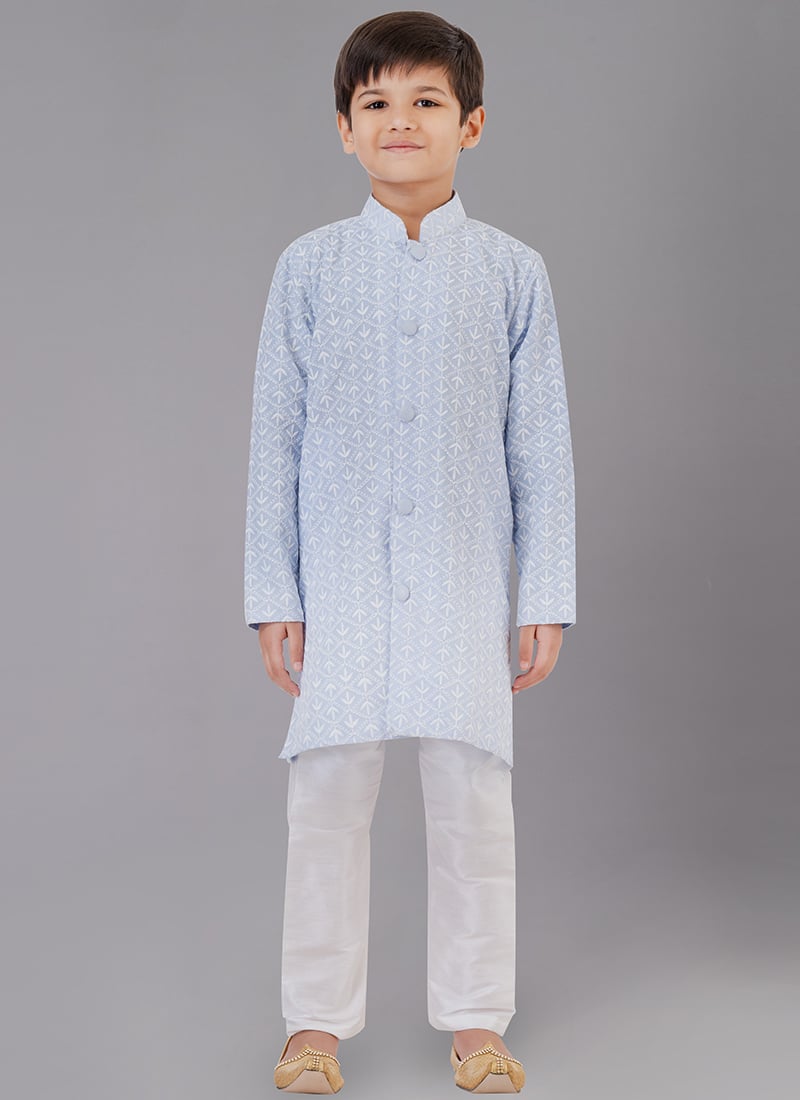 Light Grey Cotton Silk Embroidered Kids Kurta Pyjama Party Wear