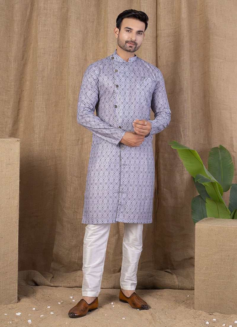 Light Grey Cotton Silk Printed Indowestern Sherwani Festive Wear