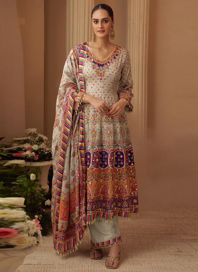 Light Grey Crepe Silk Sequins Gota Aari Printed Hand Embroidered Palazzo Suit Festive Wear