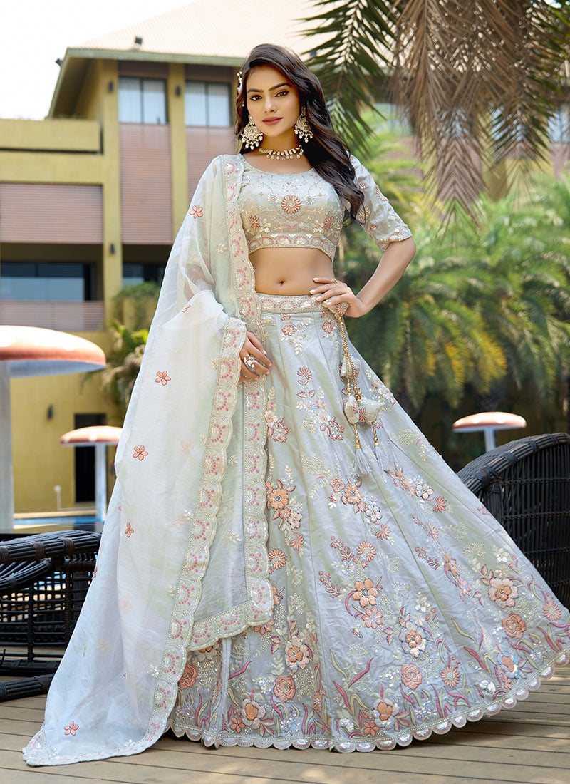 Light Grey Fendy Silk Embroidered Stones And Sequins Umbrella Lehenga