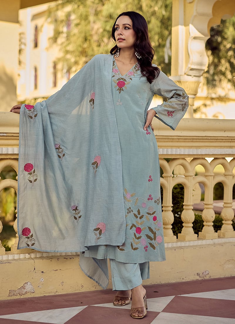 Light Grey Floral Embroidered Chanderi Silk Straight Pant Suit Festive Wear