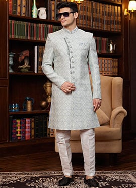 Light Grey Jacquard Silk Beads Sequins Hand Work Indowestern Sherwani