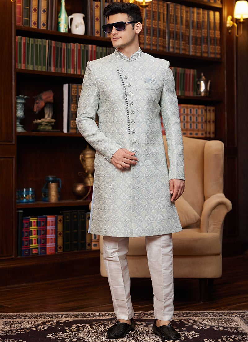 Light Grey Jacquard Silk Beads Sequins Hand Work Indowestern Sherwani Wedding Wear