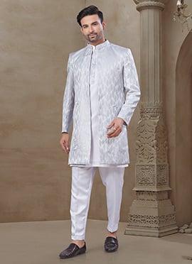 Light Grey Malai Silk Embroidered Printed Bandi Set