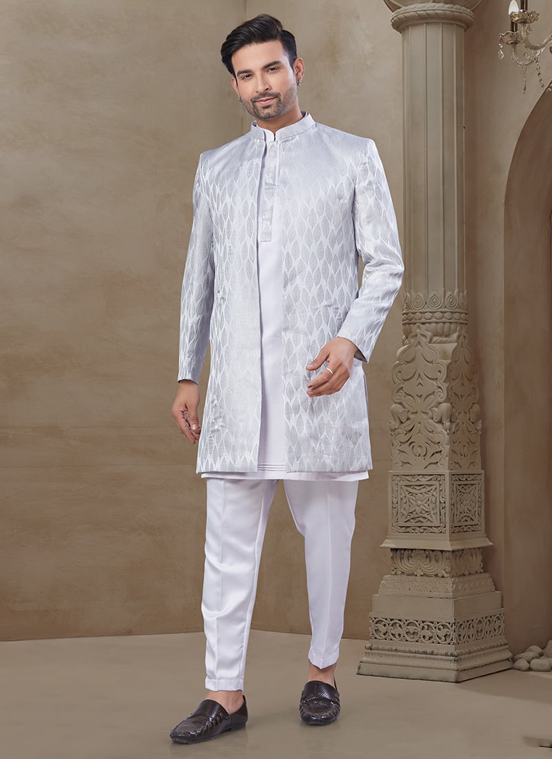 Light Grey Malai Silk Embroidered Printed Bandi Set Festive Wear