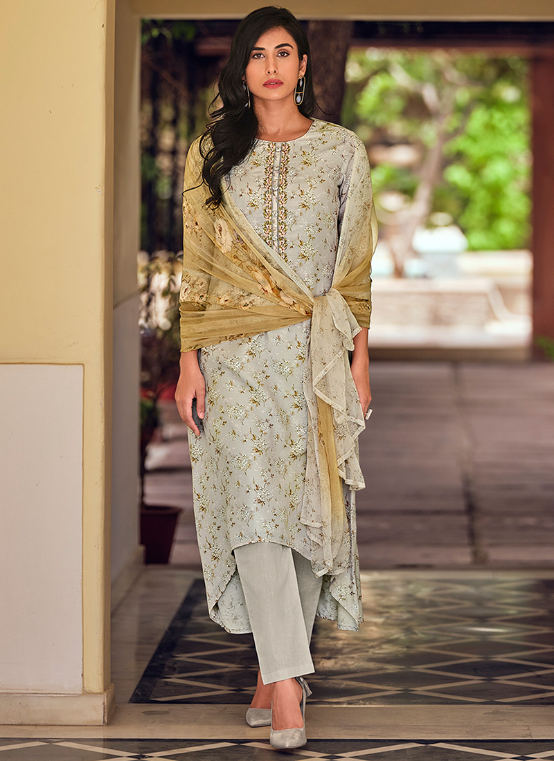 Buy Light Grey Muslin Digital Printed Straight Pant Suit Work Wear
