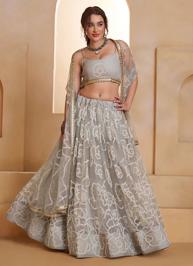 Light Grey Net Zari Embroidered Sequins Beads Lehenga Wedding Wear