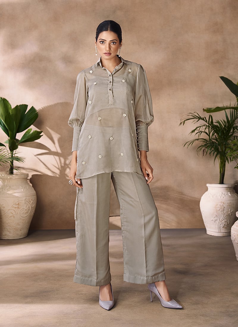Light Grey Organza Sequins With Beads Handwork Indowestern Co ord Jacket Set