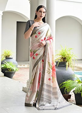 Light Grey Satin Silk Floral Digital Print Saree With Woven Zari Border