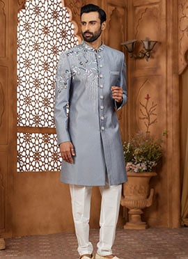 Light Grey Silk Beads And Cutdana Hand Work Indowestern Sherwani