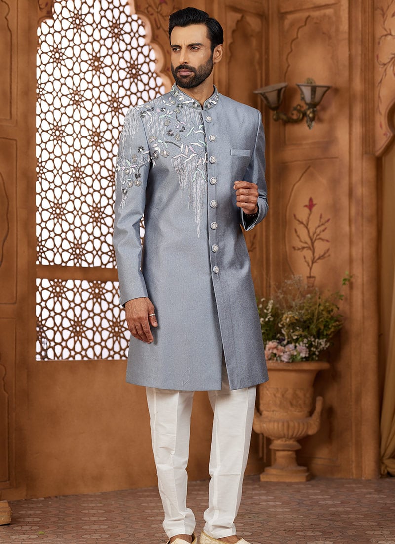 Light Grey Silk Beads And Cutdana Hand Work Indowestern Sherwani Wedding Wear