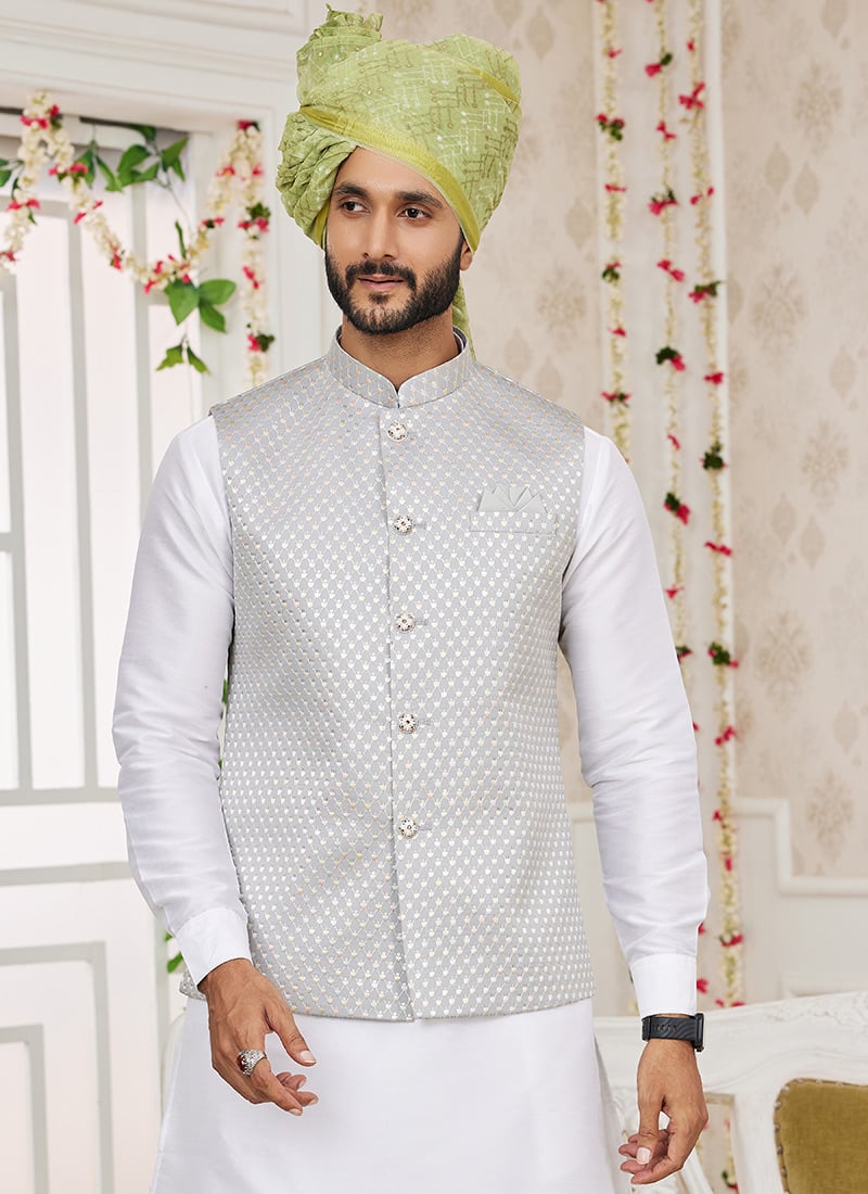 Light Grey Silk Embroidered Bandhgala jacket For Men
